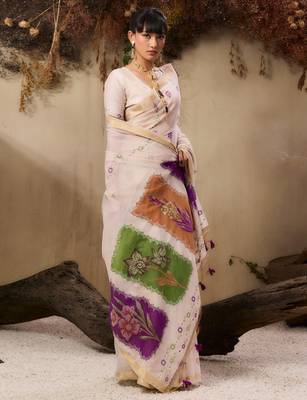  jamdani soft muga cotton saree with resham weaving & zari border | elegant floral pallu saree 5