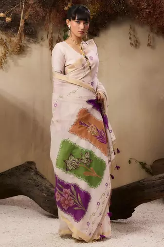 Premium jamdani soft muga cotton saree with resham weaving & zari border | elegant floral pallu saree