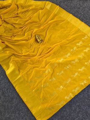 Yellow silk blend zari banarasi weaving saree with blouse 2