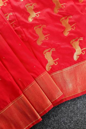 Red silk blend zari banarasi weaving saree with blouse