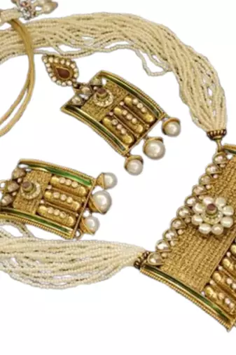 Royal Rajwadi Maharana Pratap Necklace set with studded American Diamond & Pearl drops