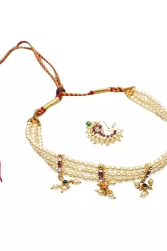 White pearl Maharastrian choker necklace with nath nose ring