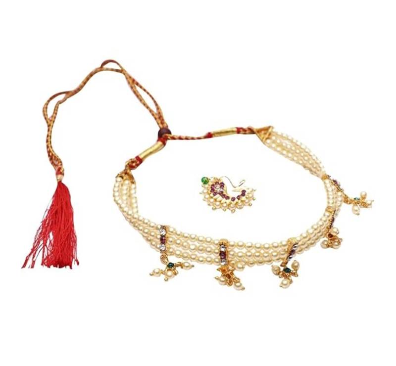 White pearl Maharastrian choker necklace with nath nose ring