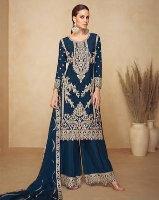 teal blue chinon embroidered palazzo suit set 1
