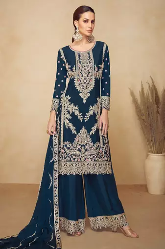 Teal blue embroidered chinon semi-stitched palazzo style salwar suit
