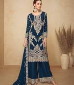 teal blue chinon embroidered palazzo suit set