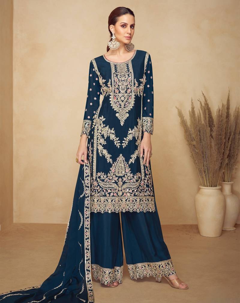 Teal blue embroidered chinon semi-stitched palazzo style salwar suit