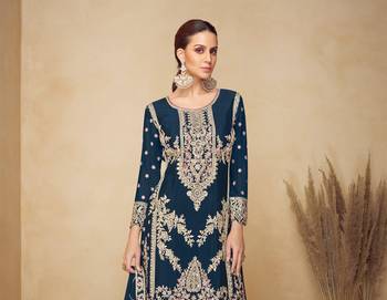 teal blue chinon embroidered palazzo suit set 2
