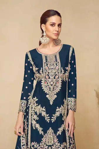 teal blue chinon embroidered palazzo suit set