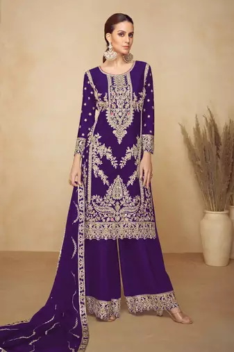 Purple embroidered chinon semi-stitched palazzo style salwar suit