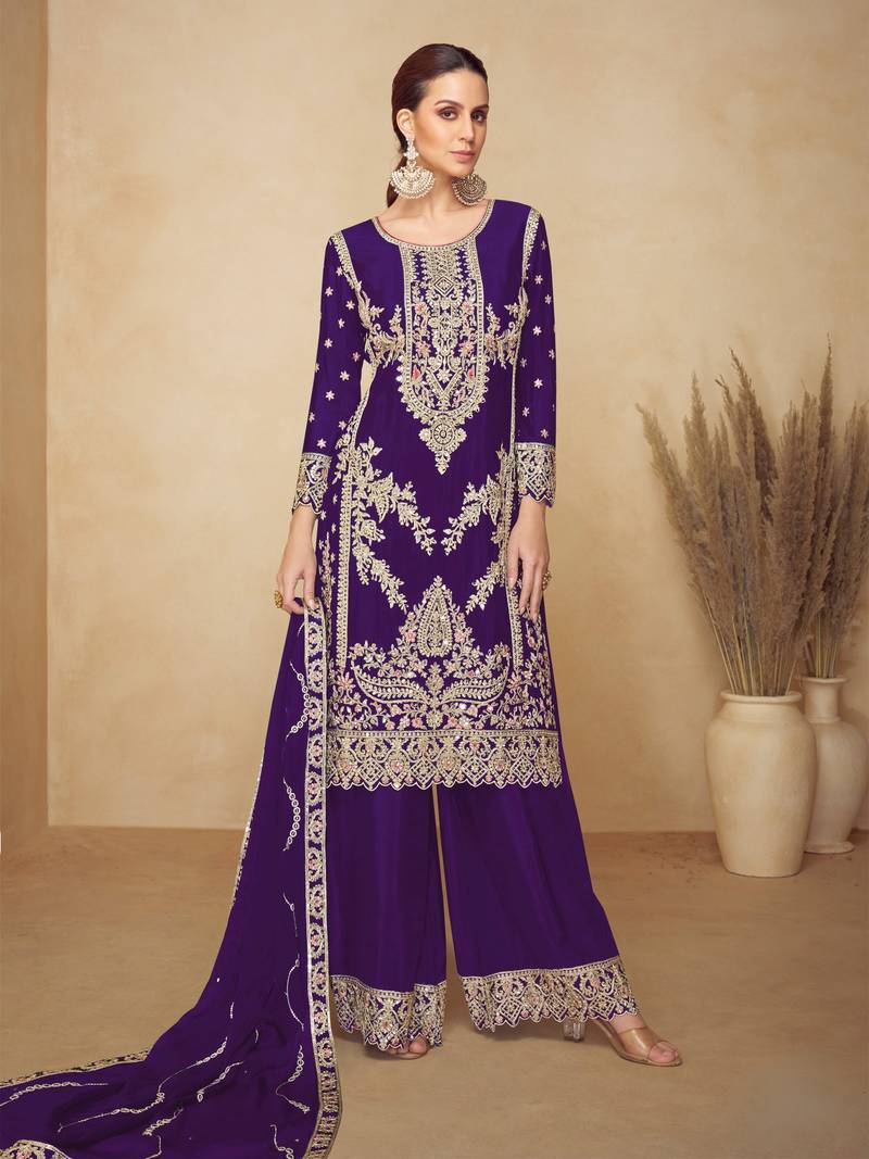 Purple embroidered chinon semi-stitched palazzo style salwar suit