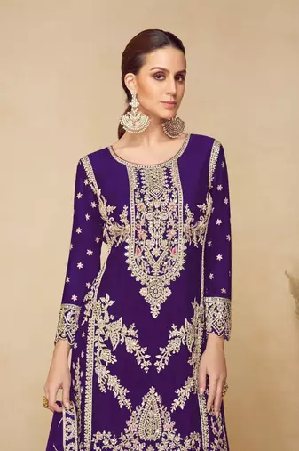purple embroidered chinon palazzo salwar suit