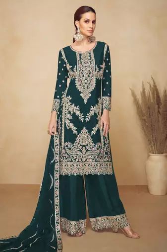 Green embroidered chinon semi-stitched palazzo style salwar suit