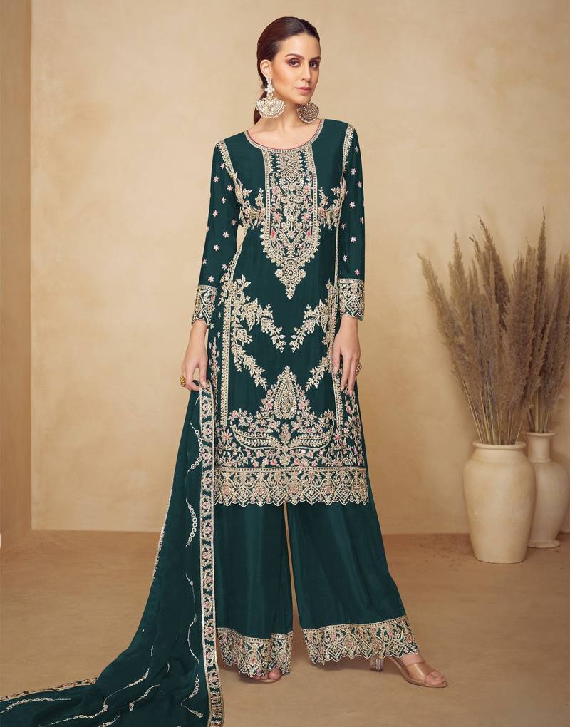 Green embroidered chinon semi-stitched palazzo style salwar suit
