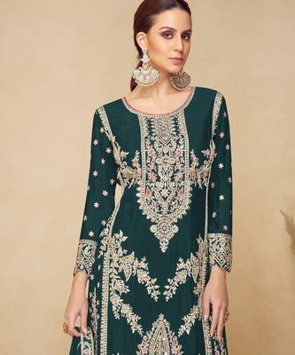 green embroidered chinon palazzo salwar suit 2