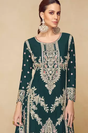green embroidered chinon palazzo salwar suit