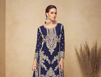 navy blue embroidered chinon palazzo salwar suit 2