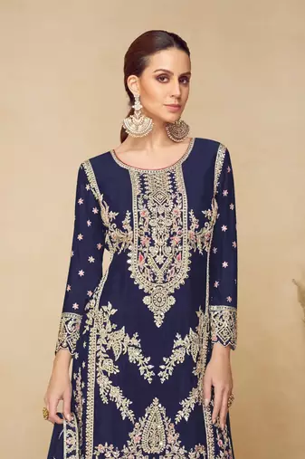 navy blue embroidered chinon palazzo salwar suit