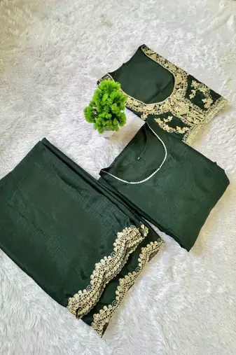 green sequins embroidered chinon silk gown