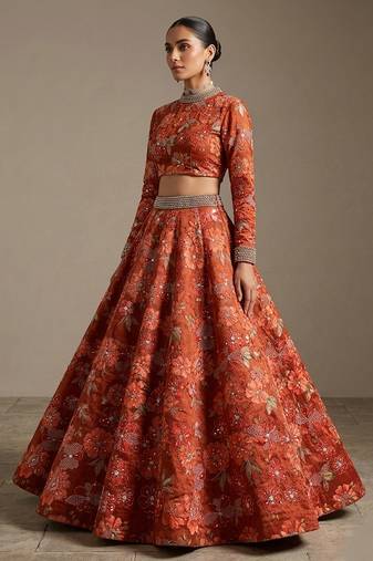 rust orange embroidered pure viscose lehenga set