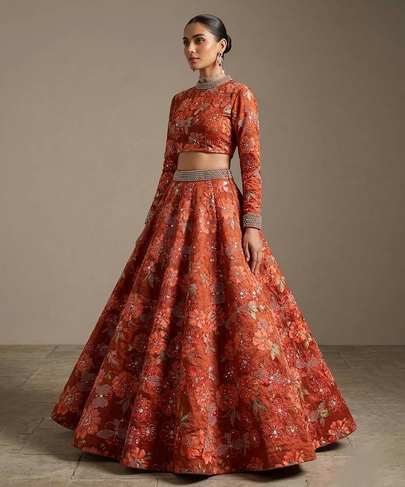 rust orange embroidered pure viscose lehenga set