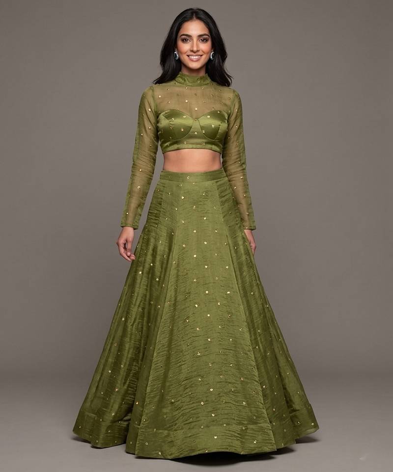 olive green embroidered lehenga set