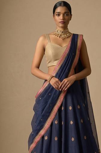 navy blue embroidered raw silk lehenga set