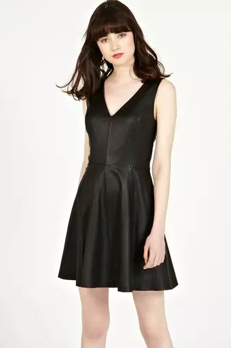 Genuine lambskin women's black leather dress leather fit & flare sleeveless dress