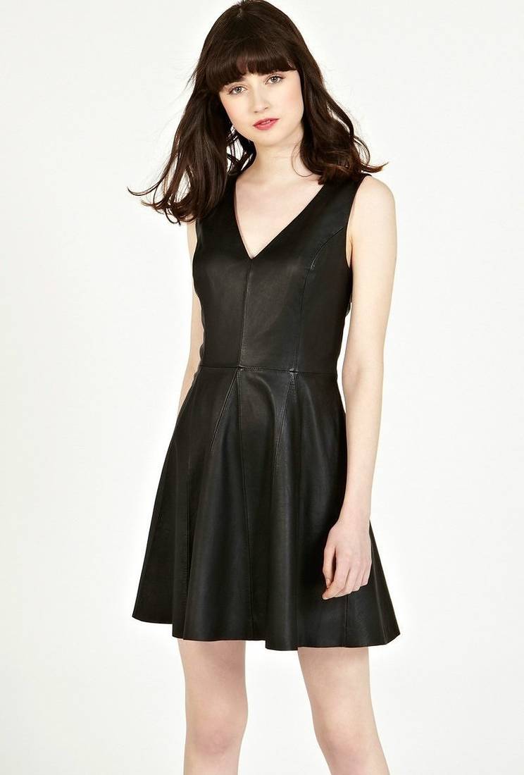 Genuine lambskin women's black leather dress leather fit & flare sleeveless dress