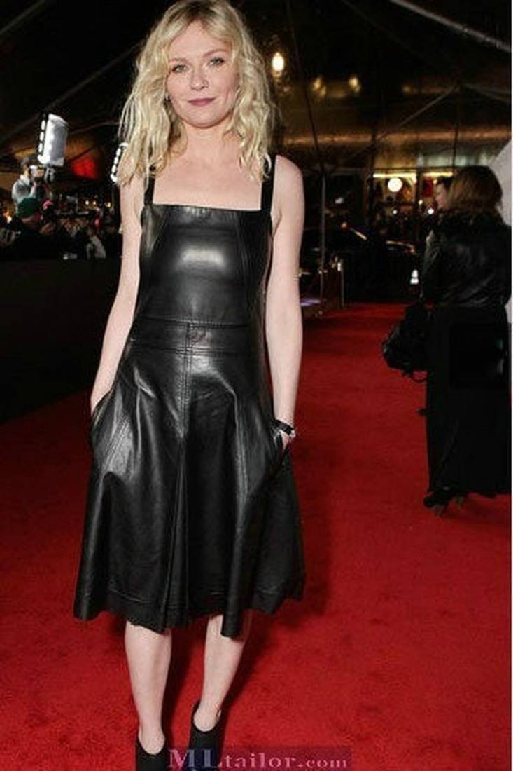 Genuine lambskin women's black leather dress a-line midi dress sleeveless square neck party dress