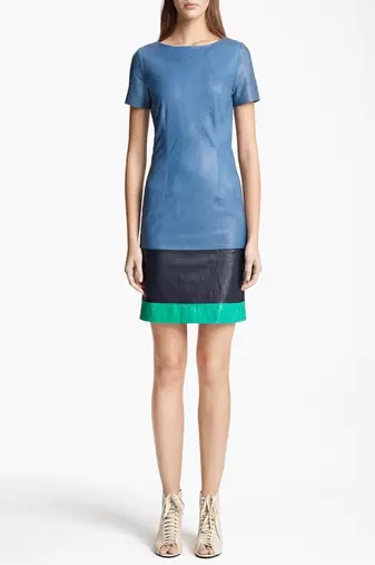 Genuine lambskin women's shift dress color block short sleeve mini dress