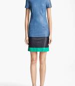 Genuine lambskin women's shift dress color block short sleeve mini dress