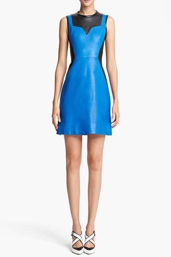 Genuine lambskin leather dress sleeveless blue-black color block party wear