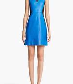 Genuine lambskin leather dress sleeveless blue-black color block party wear