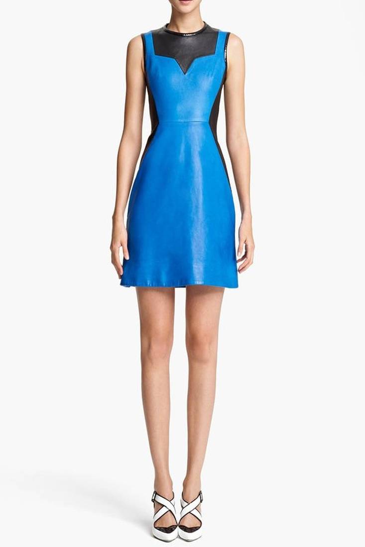 Genuine lambskin leather dress sleeveless blue-black color block party wear