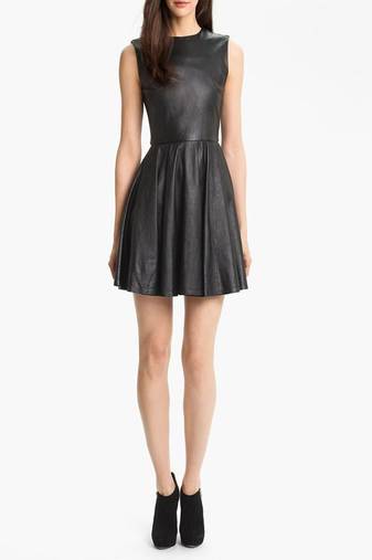 Women’s genuine lambskin leather dress sleeveless casual midi dress