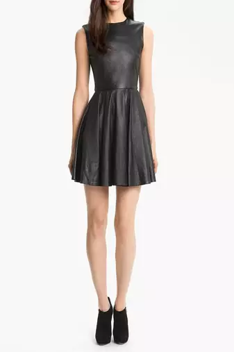 Women’s genuine lambskin leather dress sleeveless casual midi dress