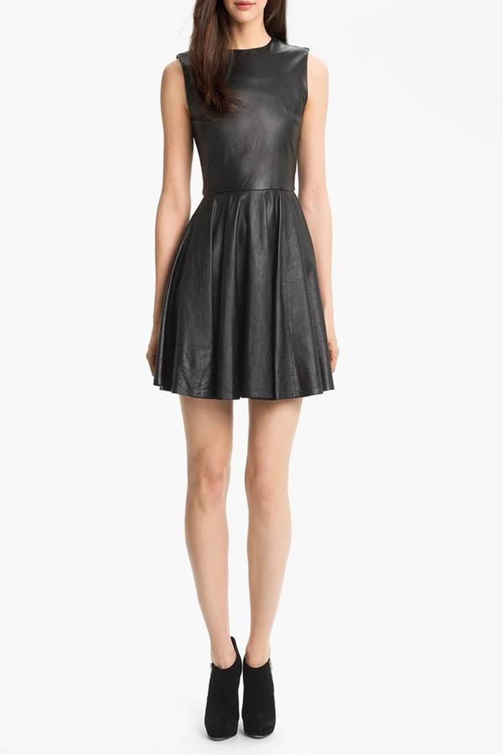 Women’s genuine lambskin leather dress sleeveless casual midi dress