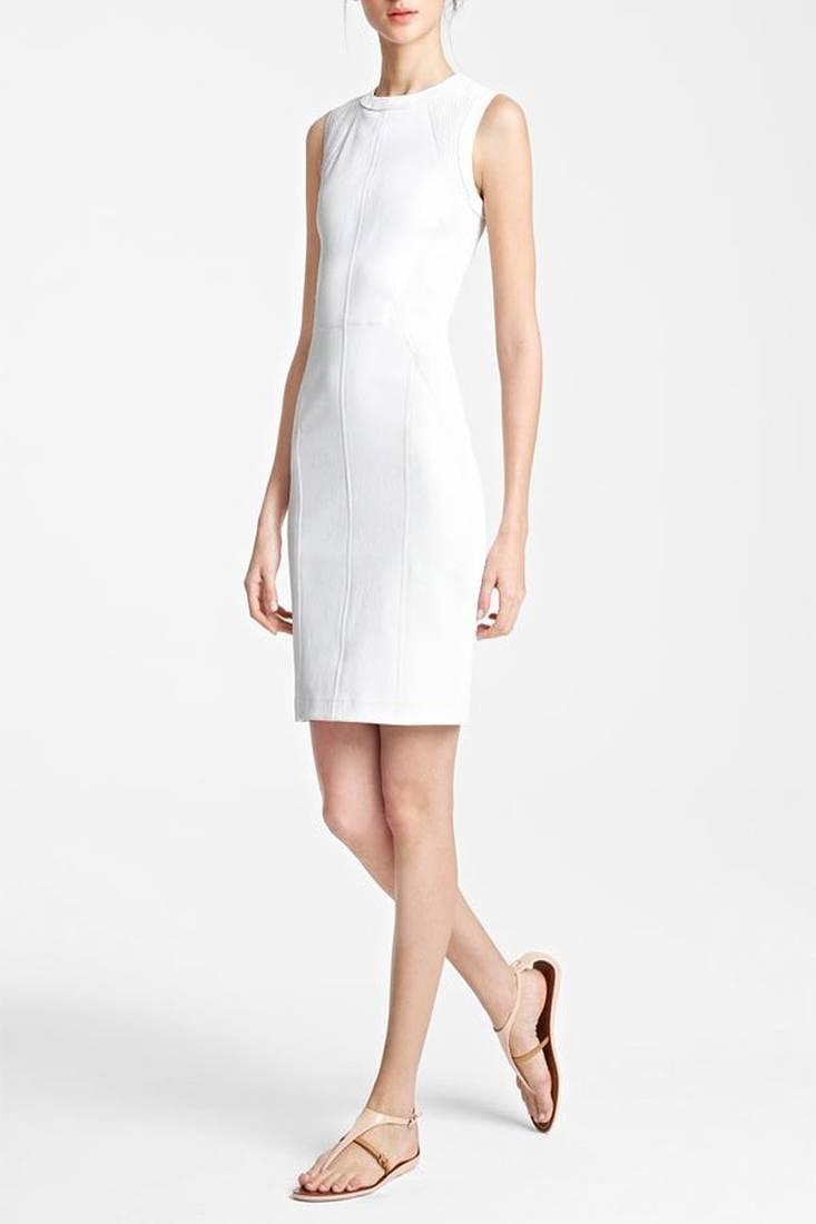 Women’s genuine lambskin white leather dress sleeveless casual mini dress