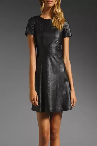 Genuine lambskin women's leather dress black leather short mini dress