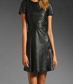 Genuine lambskin women's leather dress black leather short mini dress