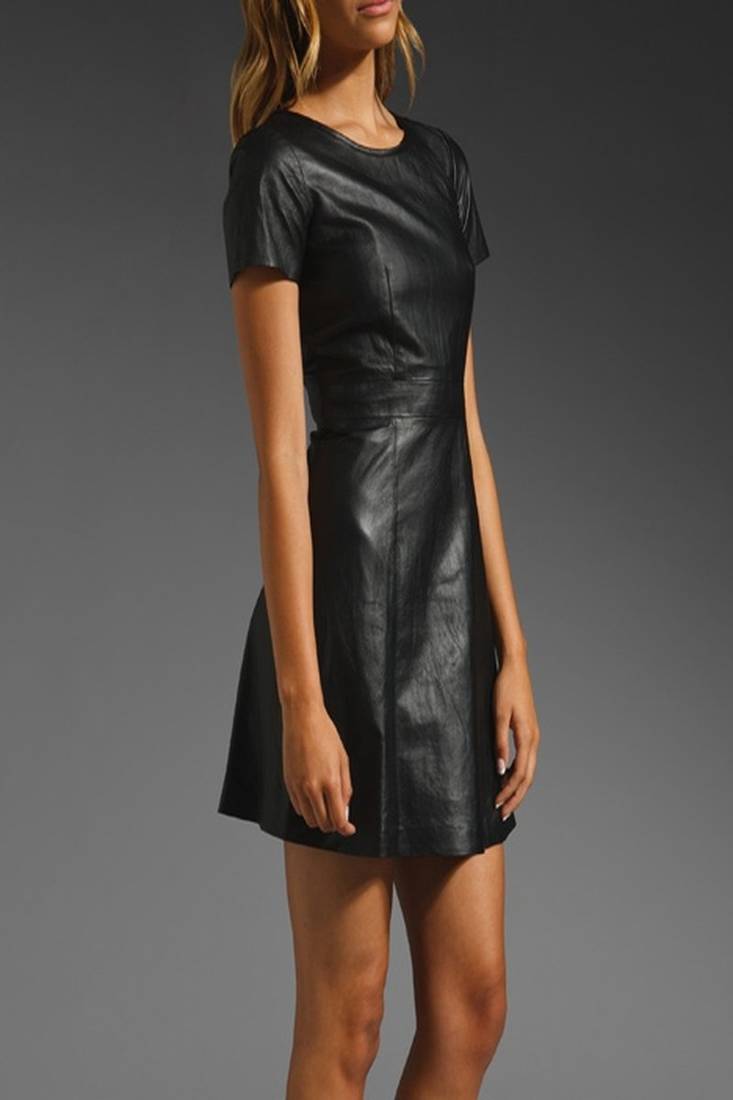Genuine lambskin women's leather dress black leather short mini dress