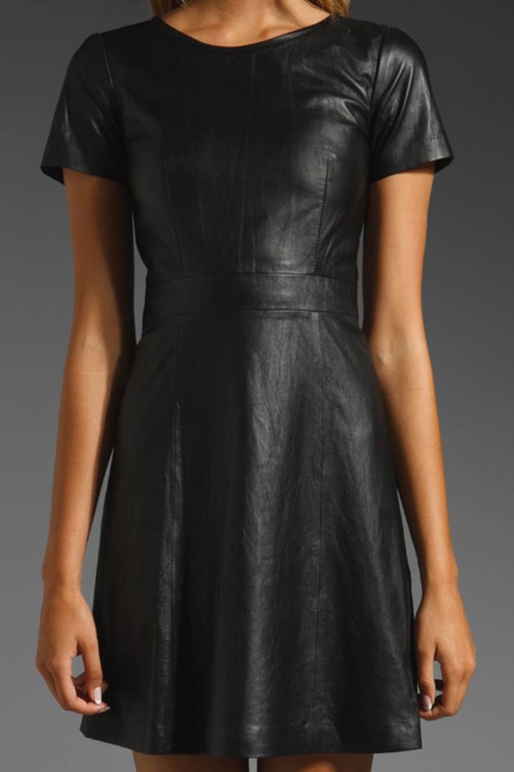 Genuine lambskin women's leather dress black leather short mini dress