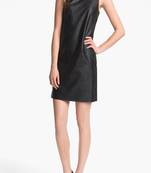 Women’s genuine lambskin black leather dress sleeveless casual dress