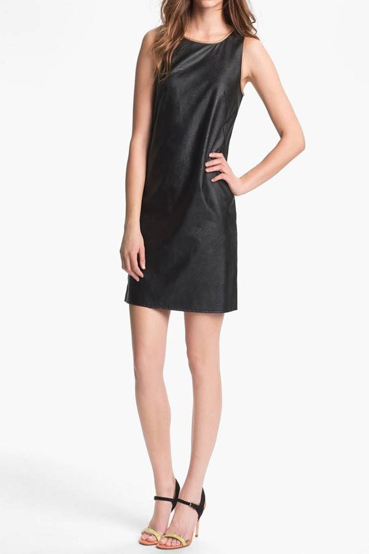 Women’s genuine lambskin black leather dress sleeveless casual dress