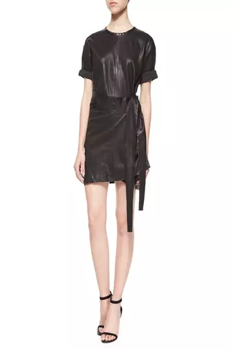 genuine lambskin women's leather dress black leather wrap mini dress