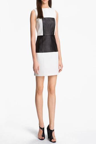 Genuine lambskin women's white- black leather dress bodycon cocktail sleeveless formal dress