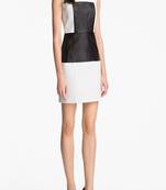 Genuine lambskin women's white- black leather dress bodycon cocktail sleeveless formal dress