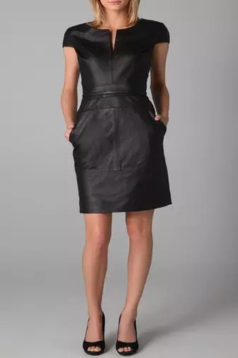 Genuine lambskin women's leather dress women short sleeve dress