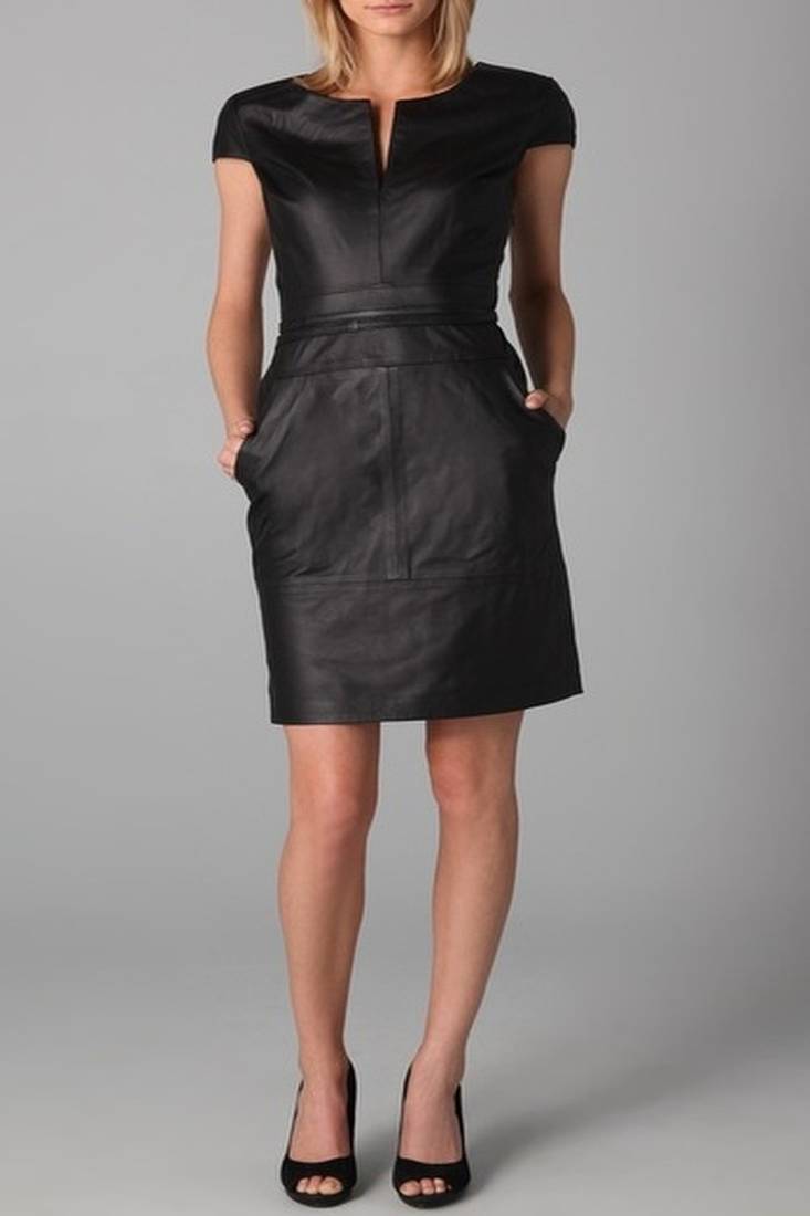 Genuine lambskin women's leather dress women short sleeve dress